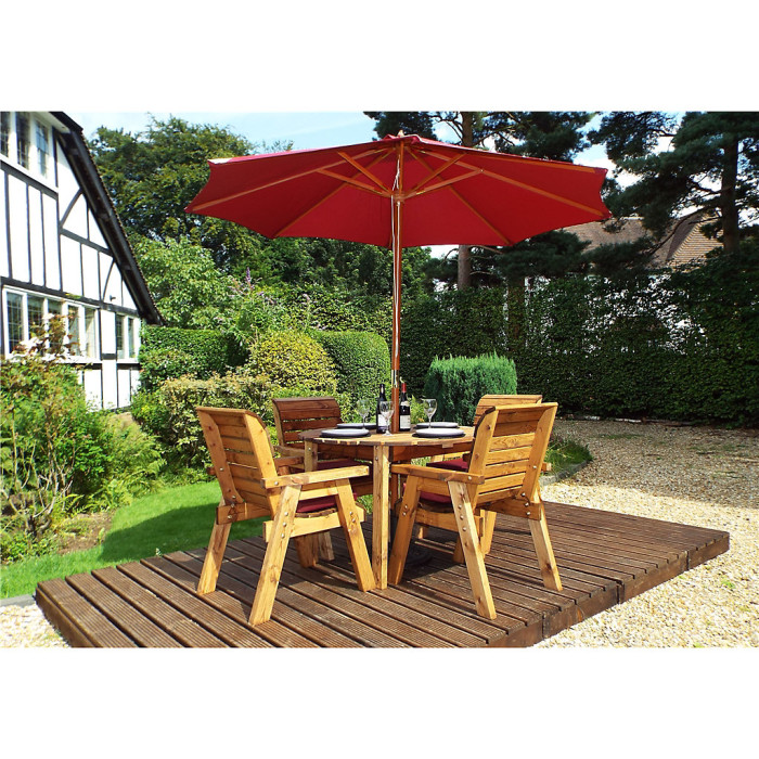 Traditional Four Seater Square Table Set With 4 x Burgundy Chair Cushion 1 x Burgundy Parasol & Base & Cushion Storage Bag