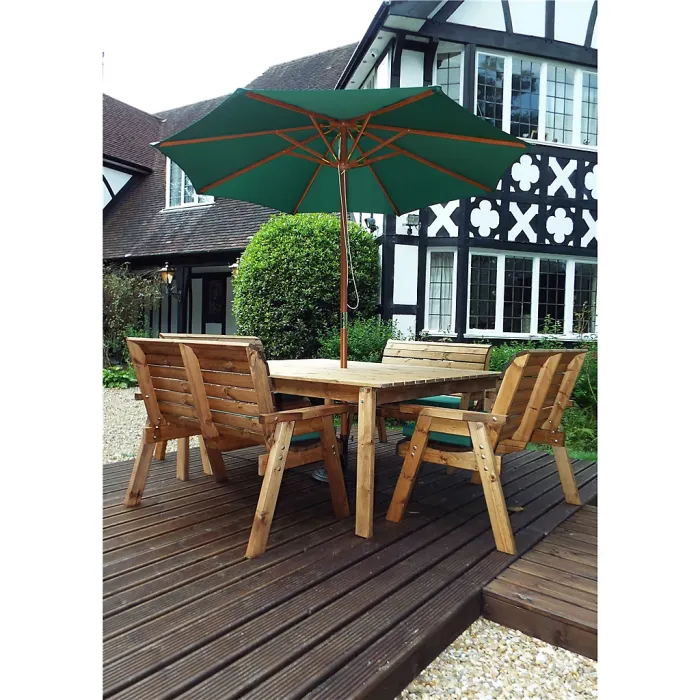 Traditional Eight Seater Table Set with 4 x Green Bench Cushion, 1 x Green Parasol & Base & 1 x Cushion Storage Bag