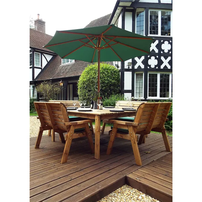 Traditional Eight Seater Table Set with 4 x Green Bench Cushion, 1 x Green Parasol & Base & 1 x Cushion Storage Bag