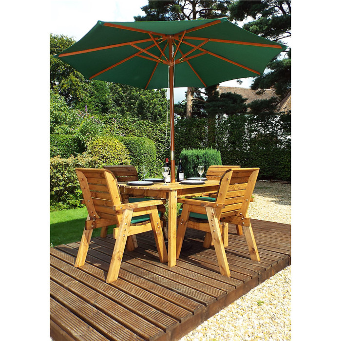 Traditional Four Seater Rectangular Table Set With 4 x Green Chair Cushion 1 x Green Parasol & Base & Cushion Storage Bag