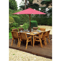 Traditional Eight Seater Table Set with 8 x Burgundy Chair Cushions, 1 x Burgundy Parasol & Base & 1 x Cushion Storage Bag