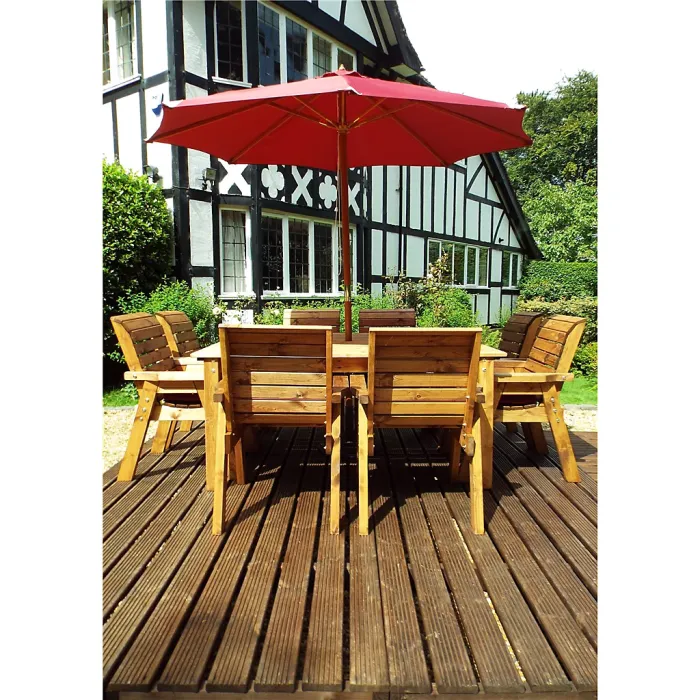 Traditional Eight Seater Table Set with 8 x Burgundy Chair Cushions, 1 x Burgundy Parasol & Base & 1 x Cushion Storage Bag