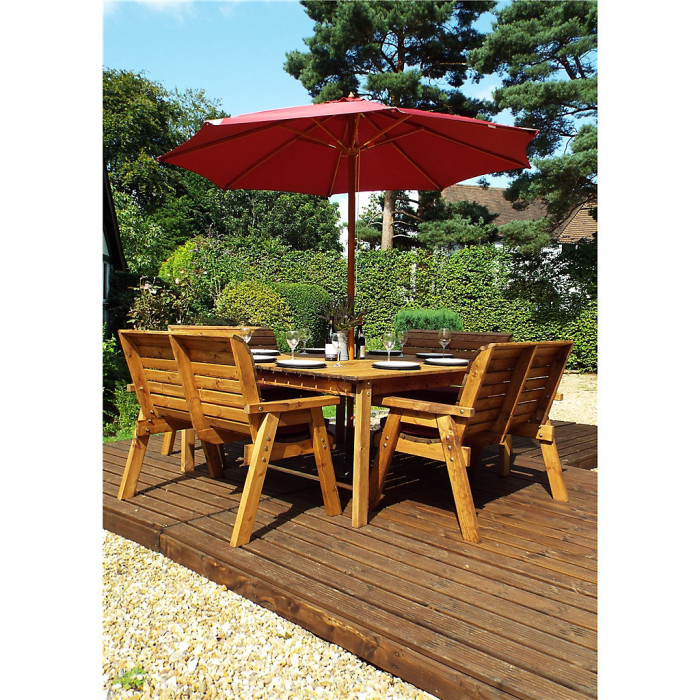 Traditional Eight Seater Table Set with 4 x Burgundy Bench Cushion, 1 x Burgundy Parasol & Base & 1 x Cushion Storage Bag