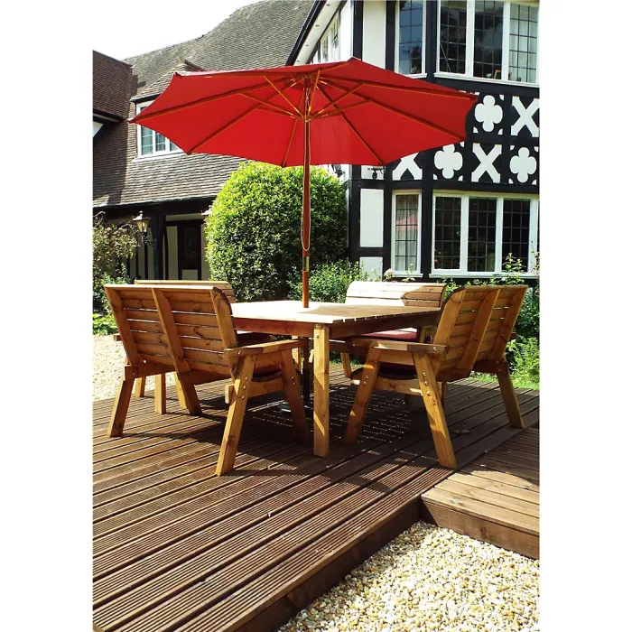 Traditional Eight Seater Table Set with 4 x Burgundy Bench Cushion, 1 x Burgundy Parasol & Base & 1 x Cushion Storage Bag