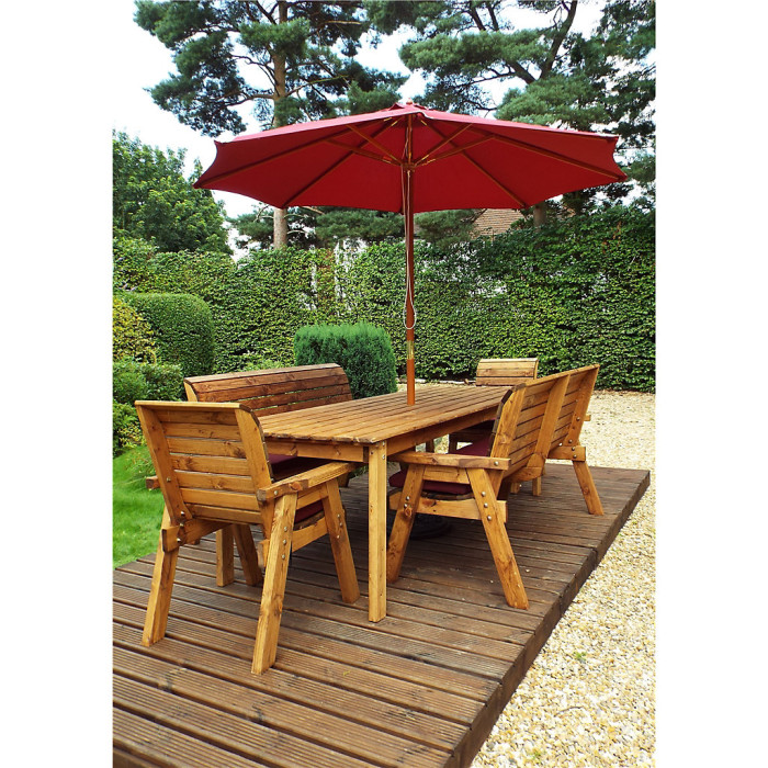 Eight Seat Rectangle Table Set with 2x Chair Cushion, 2x Winchester Cushion, 1x Burgundy Parasol & Base & 1 x Cushion Storage Bag
