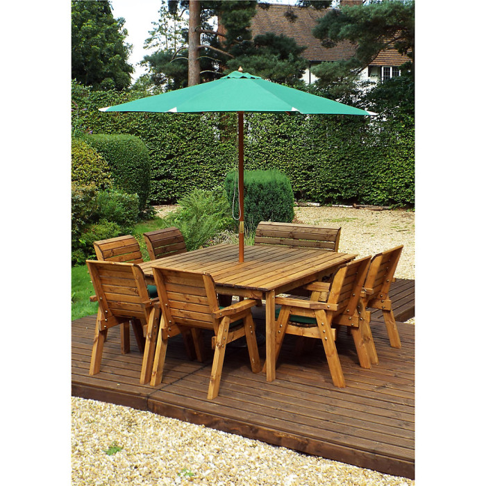 Traditional Eight Seater Table Set with 6 x Chair Cushion, 1 x Bench Cushion, 1 x Green Parasol & Base & Cushion Storage Bag