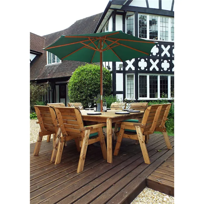 Traditional Eight Seater Table Set with 6 x Chair Cushion, 1 x Bench Cushion, 1 x Green Parasol & Base & Cushion Storage Bag