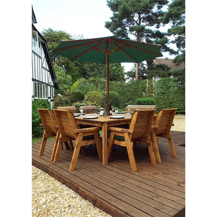Traditional Eight Seater Table Set with 6 x Chair Cushion, 1 x Bench Cushion, 1 x Green Parasol & Base & Cushion Storage Bag
