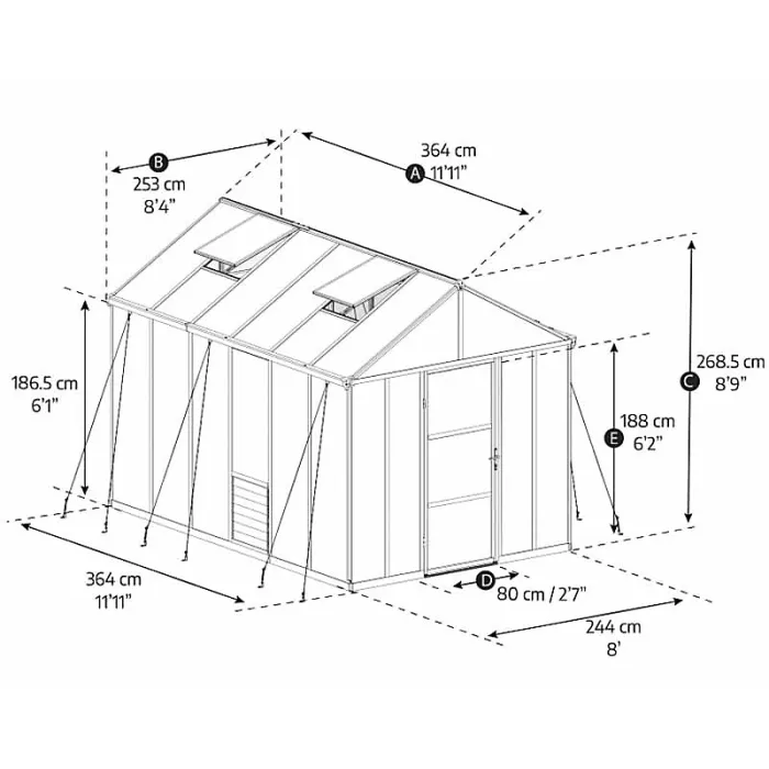 Greenhouse Glory 8 x 12 - Polycarbonate - L364 x W253 x H268.5 cm - Grey