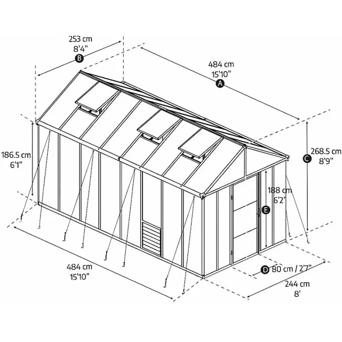 Greenhouse Glory 8 x 16 - Polycarbonate - L484 x W253 x H268.5 cm - Grey