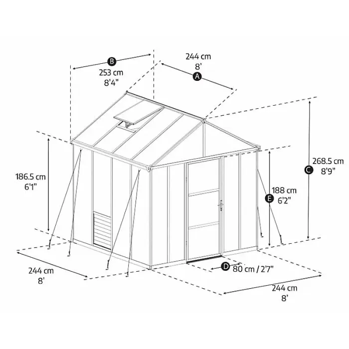 Greenhouse Glory 8 x 8 - Polycarbonate - L244 x W253 x H268.5 cm - Grey