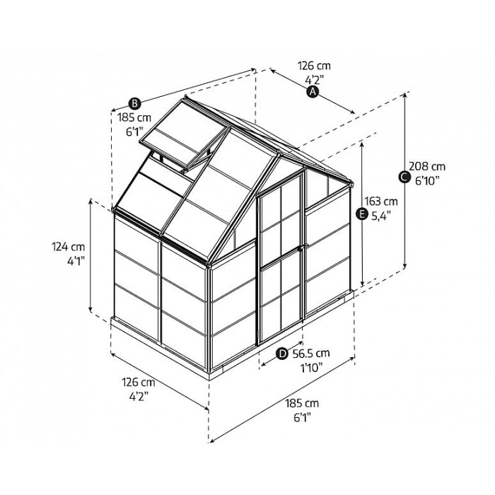 Greenhouse Hybrid 6 x 4 - Polycarbonate - L126 x W185 x H208 cm - Green